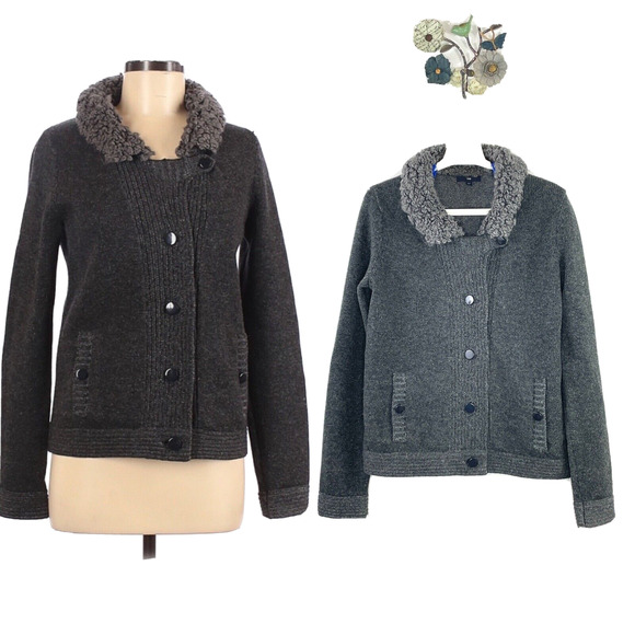 GAP 100% Wool Faux Shearling Collar Button Front Cardigan Gray Size Medium - Picture 1 of 12